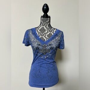 Miss Me Heather Blue Embellished V-Neck Tee M